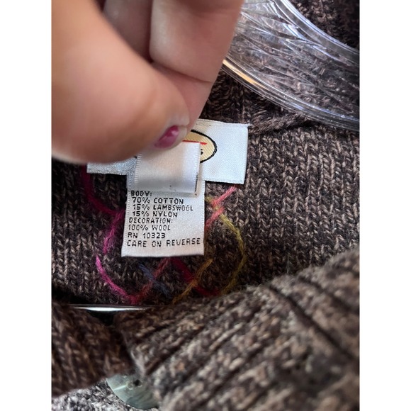 Talbots Womens XL Brown Marled Cardigan Multi Color Cable Knit Pom Pom Sweater - Picture 4 of 5